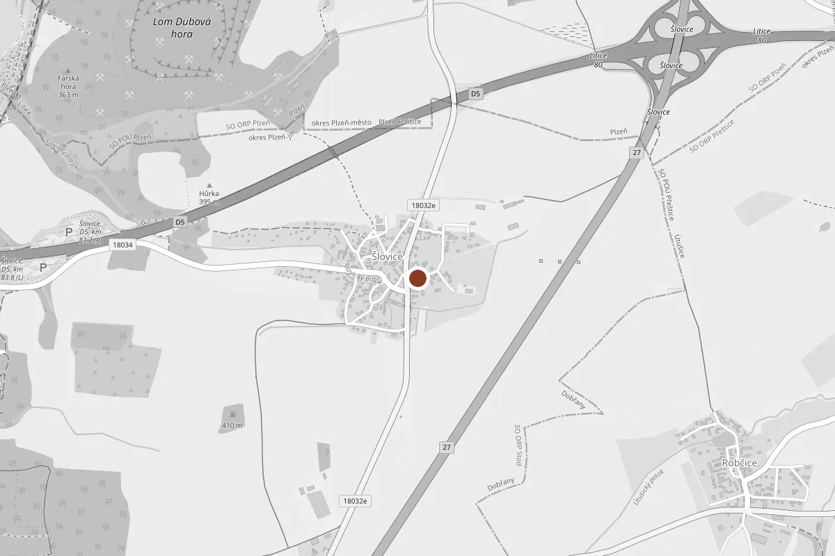 Mapa okolí Šlovic u Dobřan s vyznačenou dílnou – otevře Mapy.cz